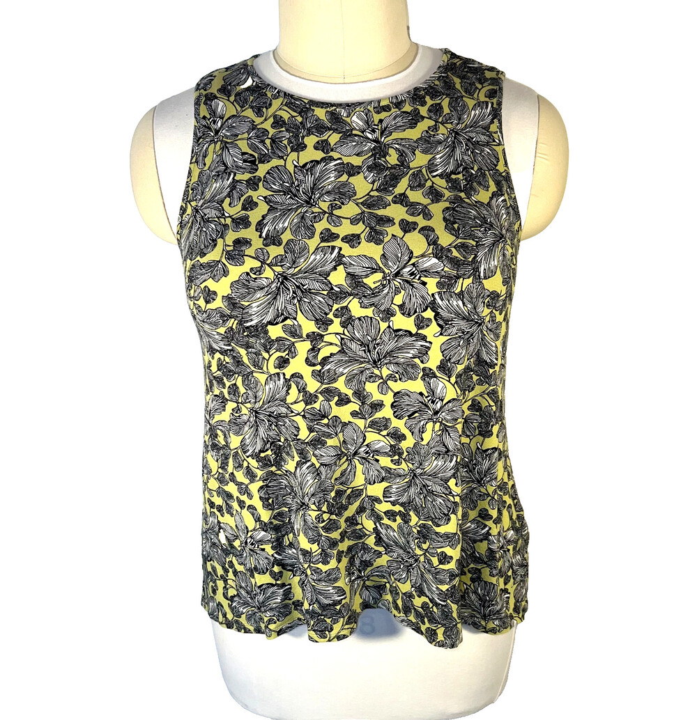 J. Jill - Tank Top Women's L Wearever Black White Outlined Floral Over Chartreus